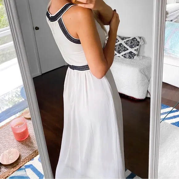 🩶 H&amp;M LIGHT GREY BLACK CROCHET DETAIL MAXI HALTER DRESS!