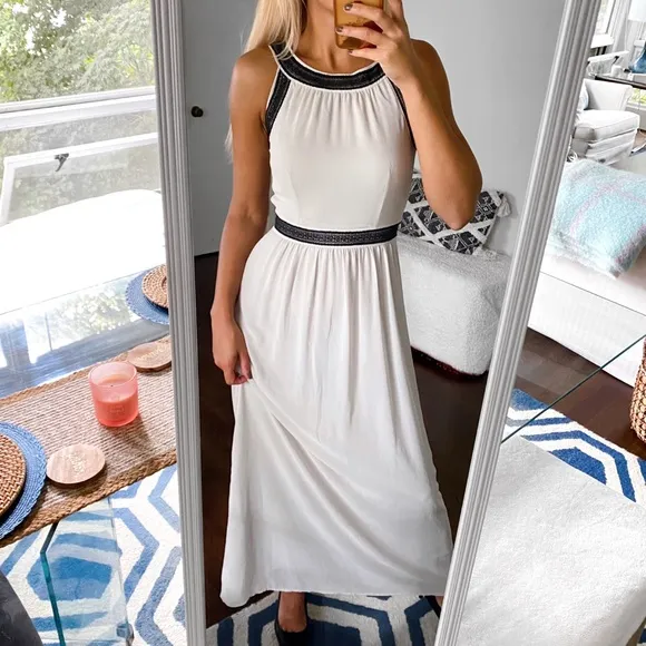 🩶 H&amp;M LIGHT GREY BLACK CROCHET DETAIL MAXI HALTER DRESS!