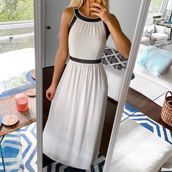 🩶 H&amp;M LIGHT GREY BLACK CROCHET DETAIL MAXI HALTER DRESS!