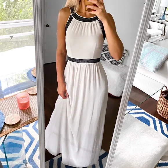 🩶 H&amp;M LIGHT GREY BLACK CROCHET DETAIL MAXI HALTER DRESS!