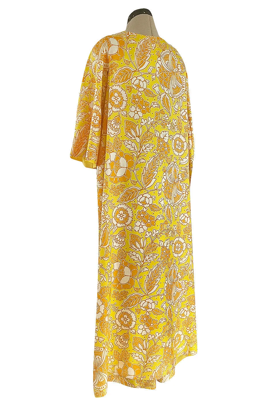 1960s Unusual Wrapped & Tie Printed Yellow Jumpsuit w Full Length Caped Back