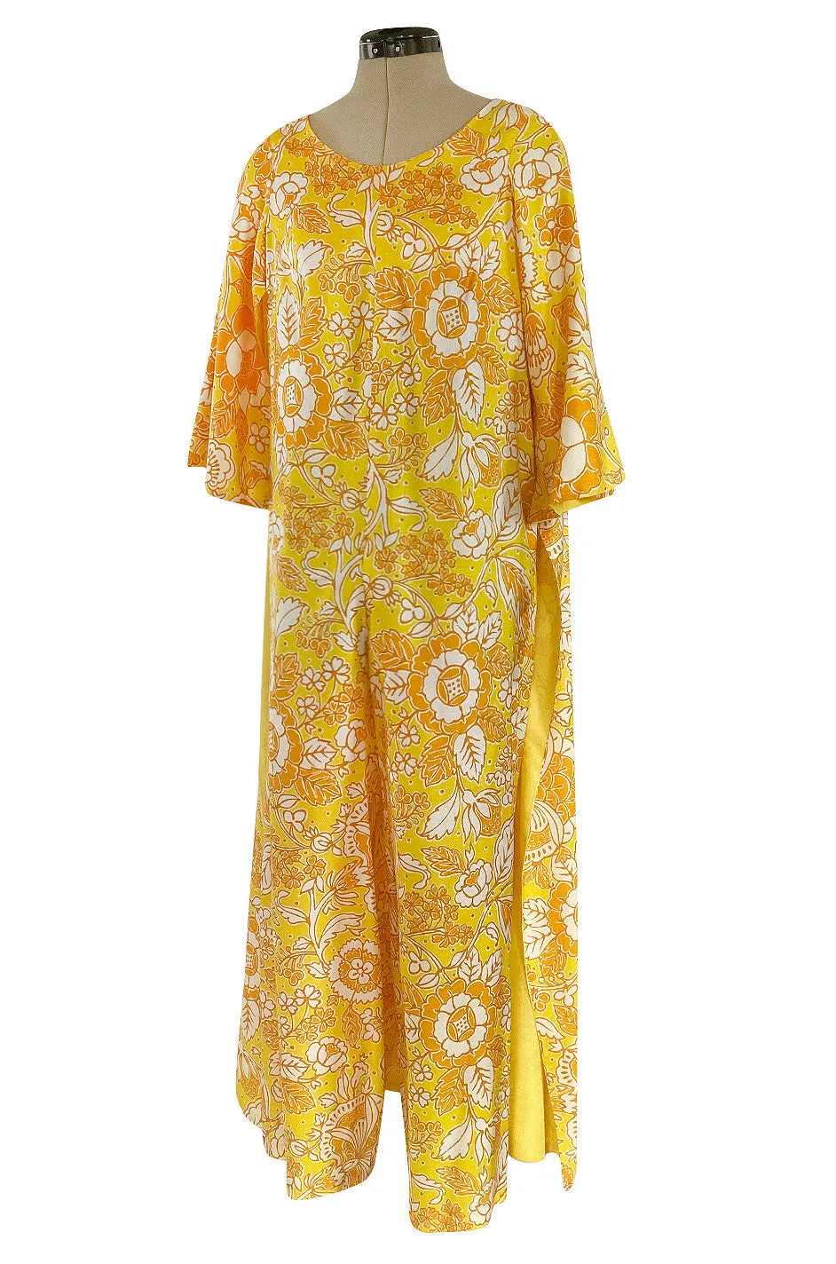 1960s Unusual Wrapped & Tie Printed Yellow Jumpsuit w Full Length Caped Back
