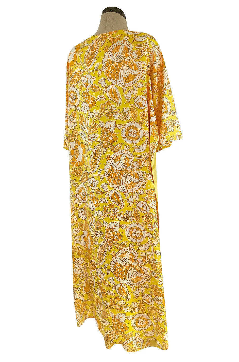 1960s Unusual Wrapped & Tie Printed Yellow Jumpsuit w Full Length Caped Back