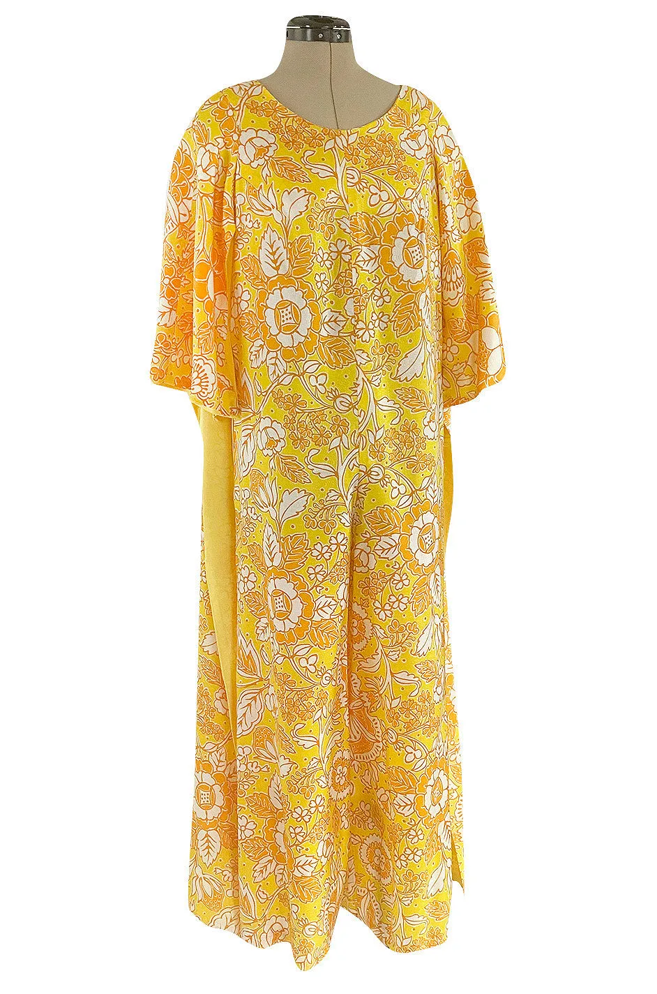 1960s Unusual Wrapped & Tie Printed Yellow Jumpsuit w Full Length Caped Back