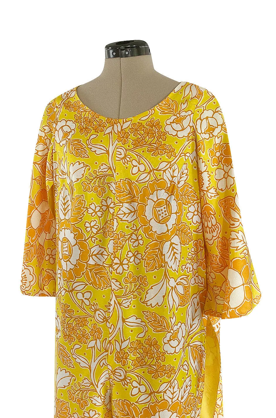 1960s Unusual Wrapped & Tie Printed Yellow Jumpsuit w Full Length Caped Back