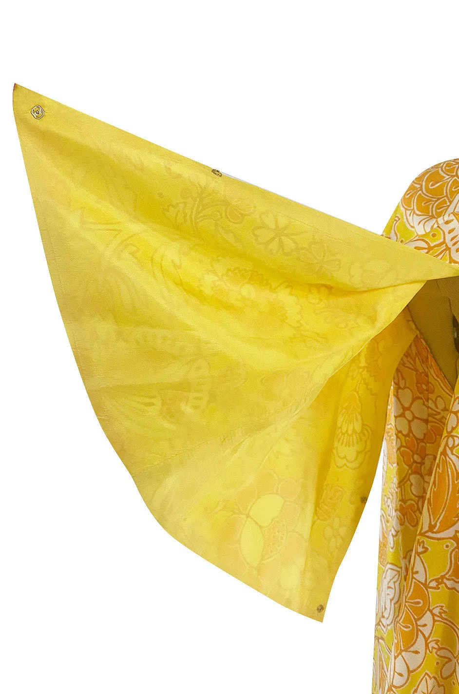 1960s Unusual Wrapped & Tie Printed Yellow Jumpsuit w Full Length Caped Back
