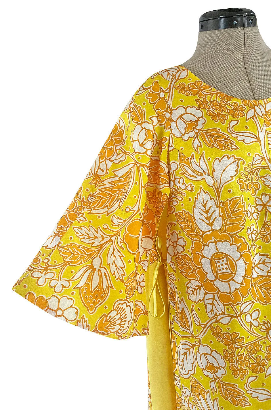 1960s Unusual Wrapped & Tie Printed Yellow Jumpsuit w Full Length Caped Back