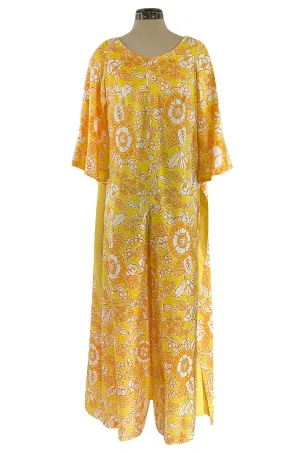1960s Unusual Wrapped & Tie Printed Yellow Jumpsuit w Full Length Caped Back