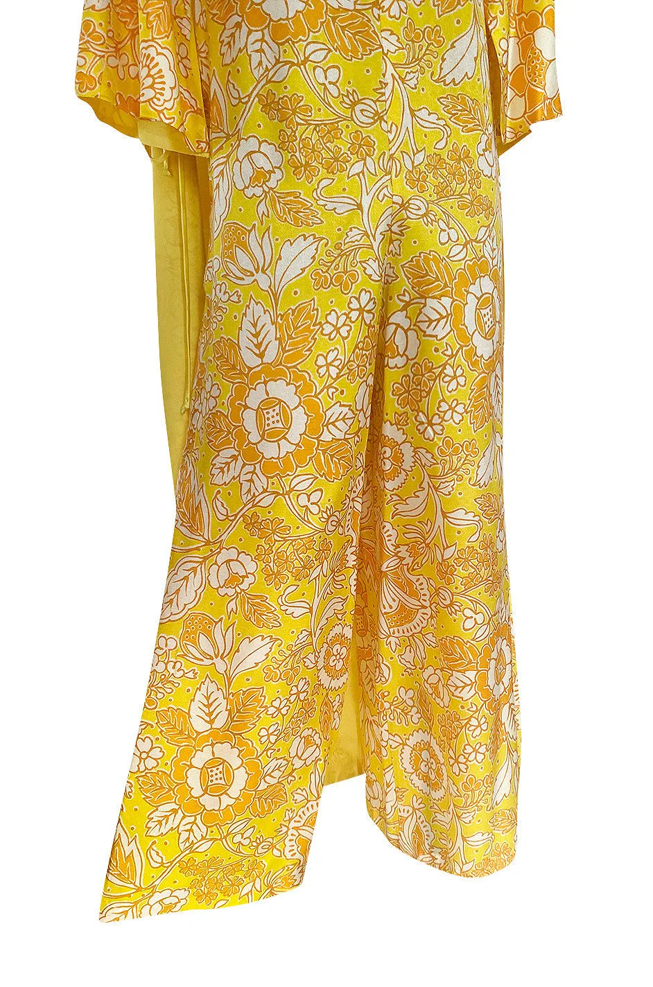 1960s Unusual Wrapped & Tie Printed Yellow Jumpsuit w Full Length Caped Back
