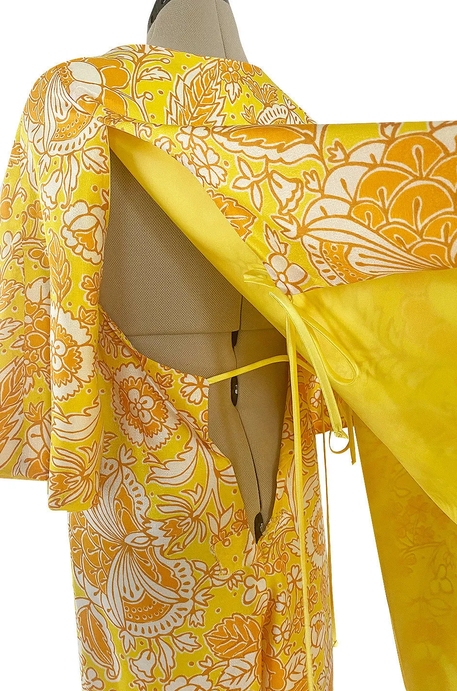 1960s Unusual Wrapped & Tie Printed Yellow Jumpsuit w Full Length Caped Back
