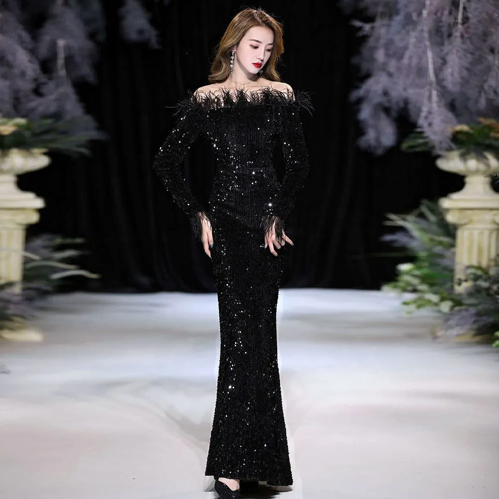 2025 Evening dress women's high-end temperament light luxury high-end celebrity banquet slim and thin sequins long fishtail dress