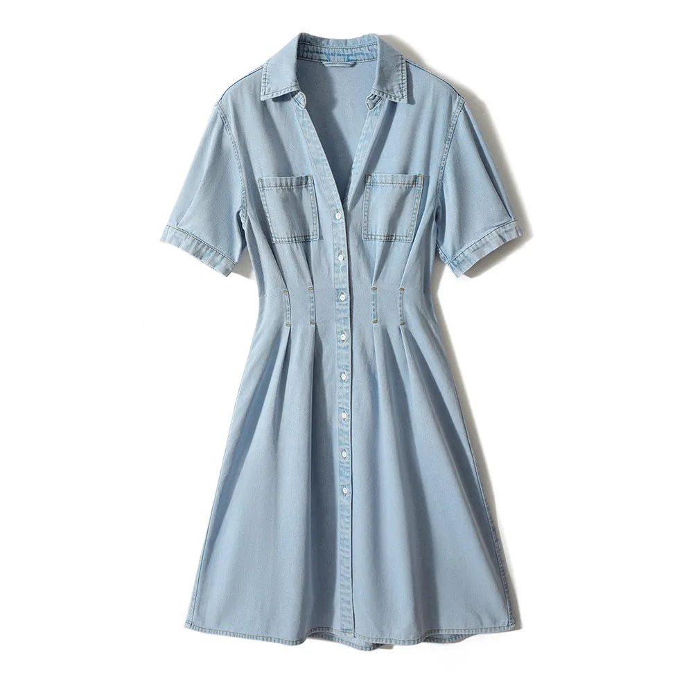2025 High-end denim high-waisted and thin shirt-style dress temperament commuter women's clothing medium and long short-sleeved waist skirt