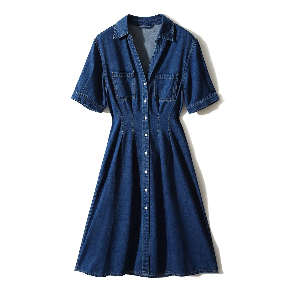 2025 High-end denim high-waisted and thin shirt-style dress temperament commuter women's clothing medium and long short-sleeved waist skirt