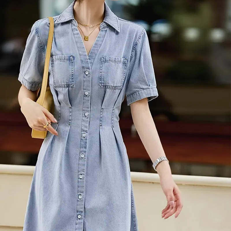 2025 High-end denim high-waisted and thin shirt-style dress temperament commuter women's clothing medium and long short-sleeved waist skirt