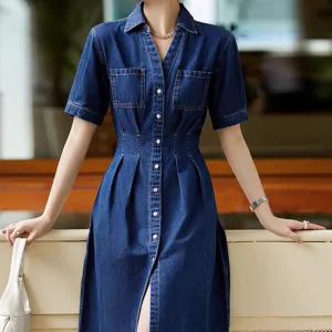 2025 High-end denim high-waisted and thin shirt-style dress temperament commuter women's clothing medium and long short-sleeved waist skirt