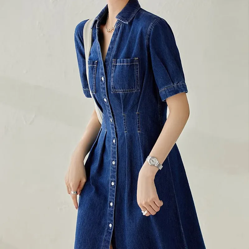2025 High-end denim high-waisted and thin shirt-style dress temperament commuter women's clothing medium and long short-sleeved waist skirt