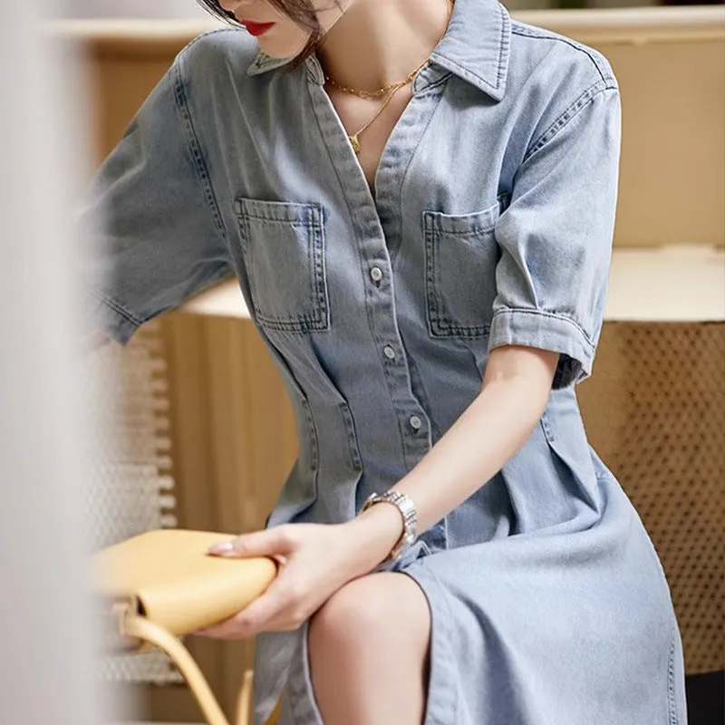 2025 High-end denim high-waisted and thin shirt-style dress temperament commuter women's clothing medium and long short-sleeved waist skirt