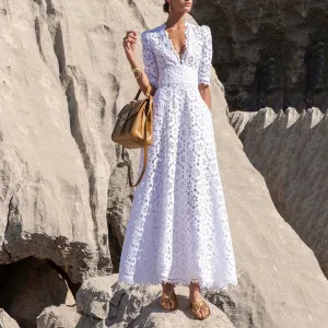 2025 New temperament  women's spring new V-neck waist super thin A-shaped pendulum embroidered hollow dress