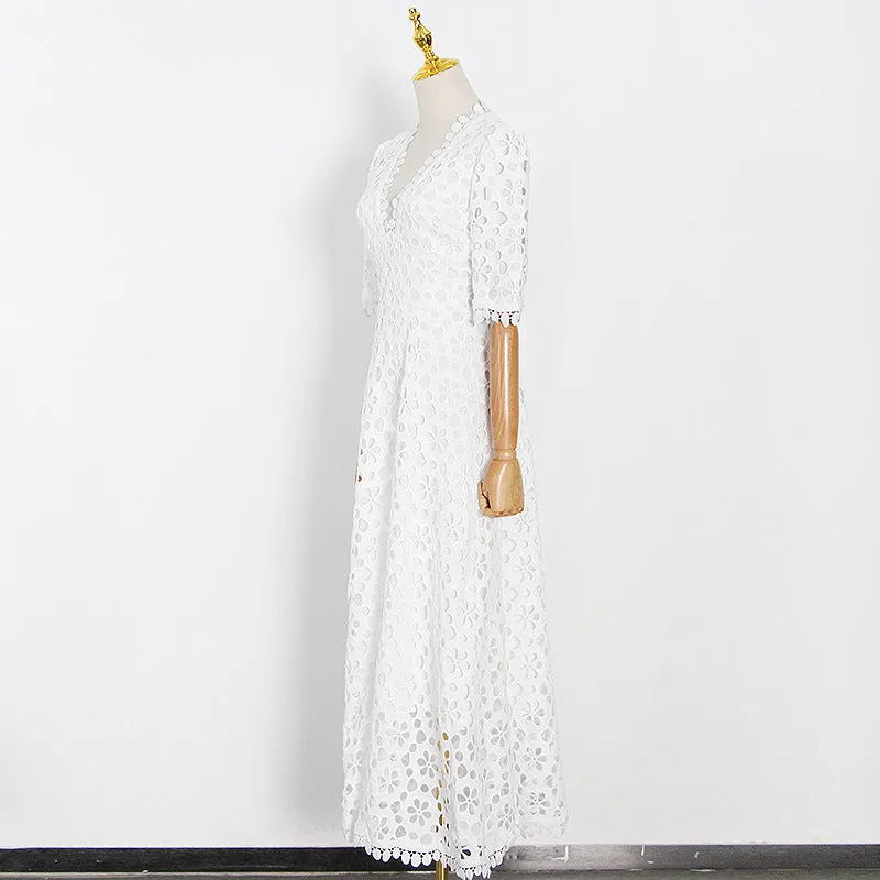2025 New temperament  women's spring new V-neck waist super thin A-shaped pendulum embroidered hollow dress