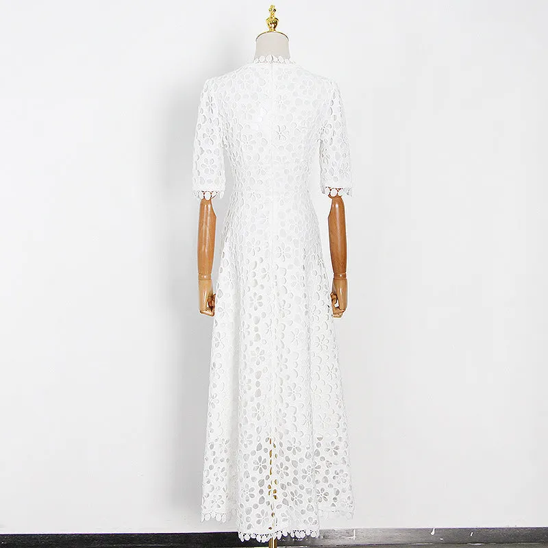 2025 New temperament  women's spring new V-neck waist super thin A-shaped pendulum embroidered hollow dress