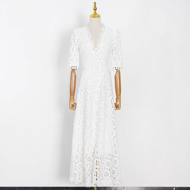 2025 New temperament  women's spring new V-neck waist super thin A-shaped pendulum embroidered hollow dress
