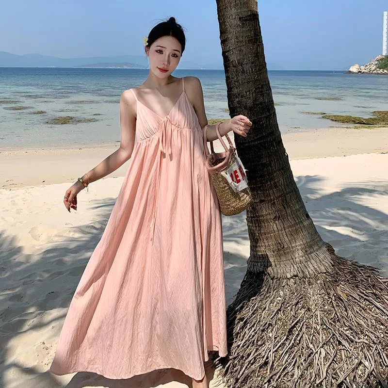 2025 Pink holiday style v-neck suspender dress women's summer temperament beach skirt loose and thin gentle wind long skirt