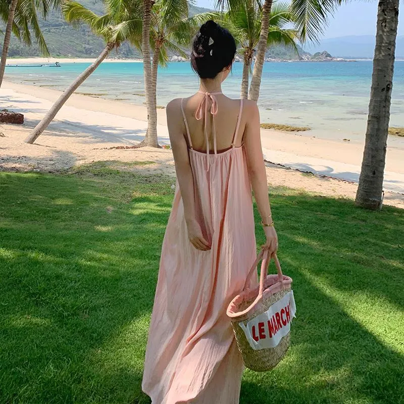 2025 Pink holiday style v-neck suspender dress women's summer temperament beach skirt loose and thin gentle wind long skirt