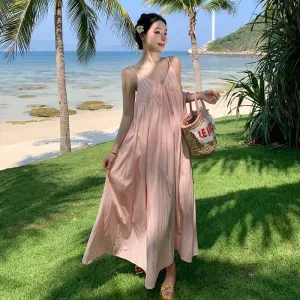 2025 Pink holiday style v-neck suspender dress women's summer temperament beach skirt loose and thin gentle wind long skirt