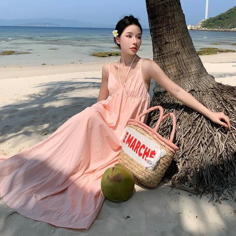 2025 Pink holiday style v-neck suspender dress women's summer temperament beach skirt loose and thin gentle wind long skirt