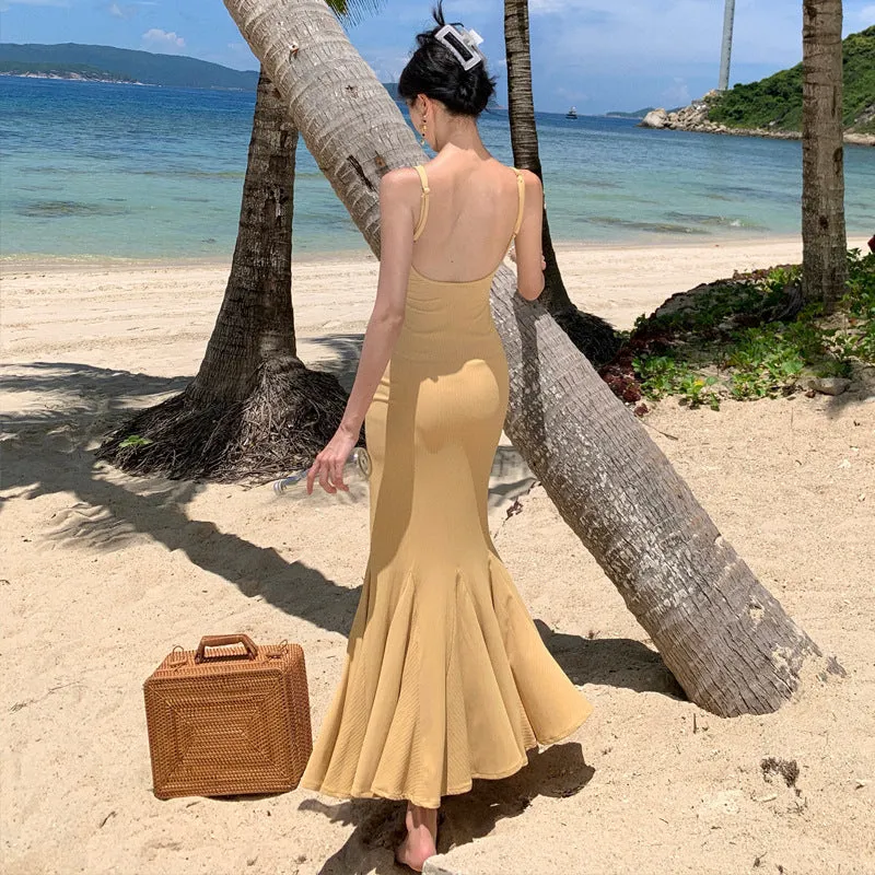2025 Pure desire suspender dress women's summer slim and thin  temperament Hepburn style sexy long hip-wrapped fishtail dress