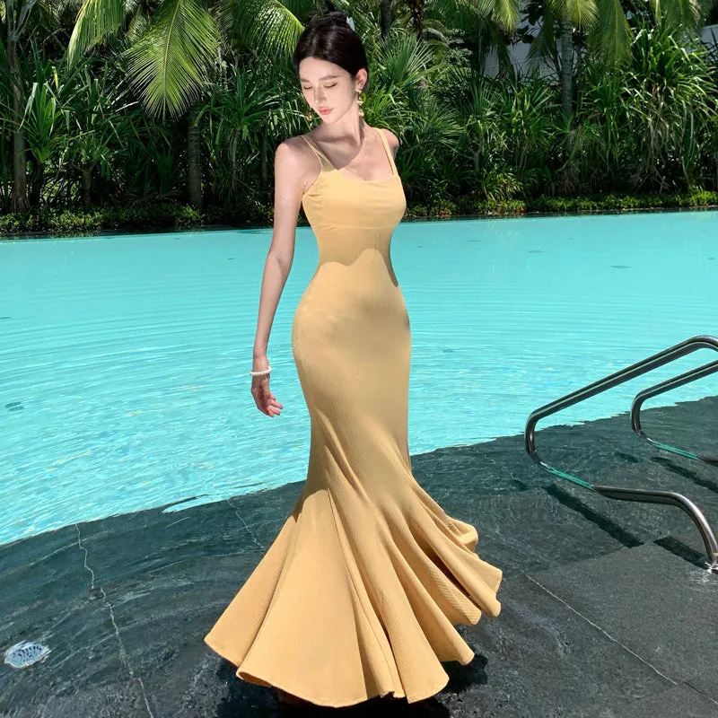2025 Pure desire suspender dress women's summer slim and thin  temperament Hepburn style sexy long hip-wrapped fishtail dress