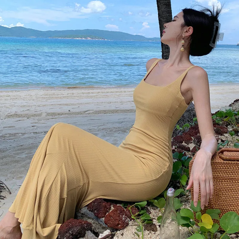 2025 Pure desire suspender dress women's summer slim and thin  temperament Hepburn style sexy long hip-wrapped fishtail dress