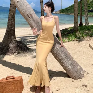 2025 Pure desire suspender dress women's summer slim and thin  temperament Hepburn style sexy long hip-wrapped fishtail dress