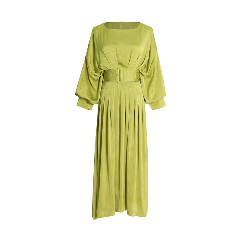 2025 romantic green pleated long dress  spring new round neck long sleeve waist thin ruffle dress