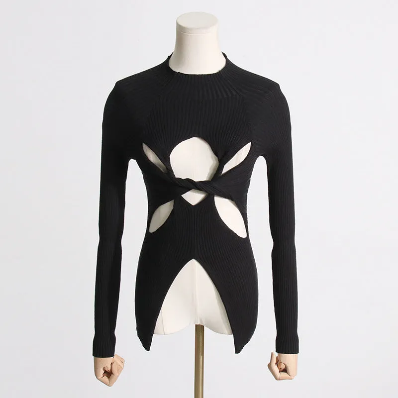 2025 Spice girl style knitted sweater women's spring  new semi-turtleneck slim-fitting and thin kinky high-end hollow top