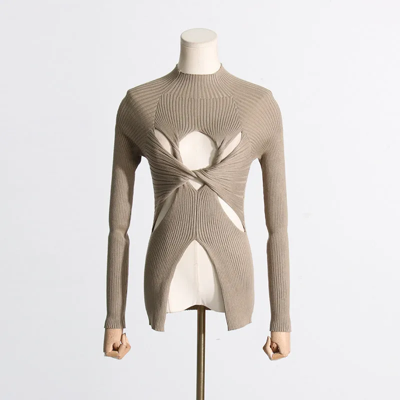 2025 Spice girl style knitted sweater women's spring  new semi-turtleneck slim-fitting and thin kinky high-end hollow top