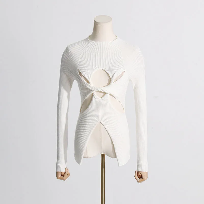 2025 Spice girl style knitted sweater women's spring  new semi-turtleneck slim-fitting and thin kinky high-end hollow top