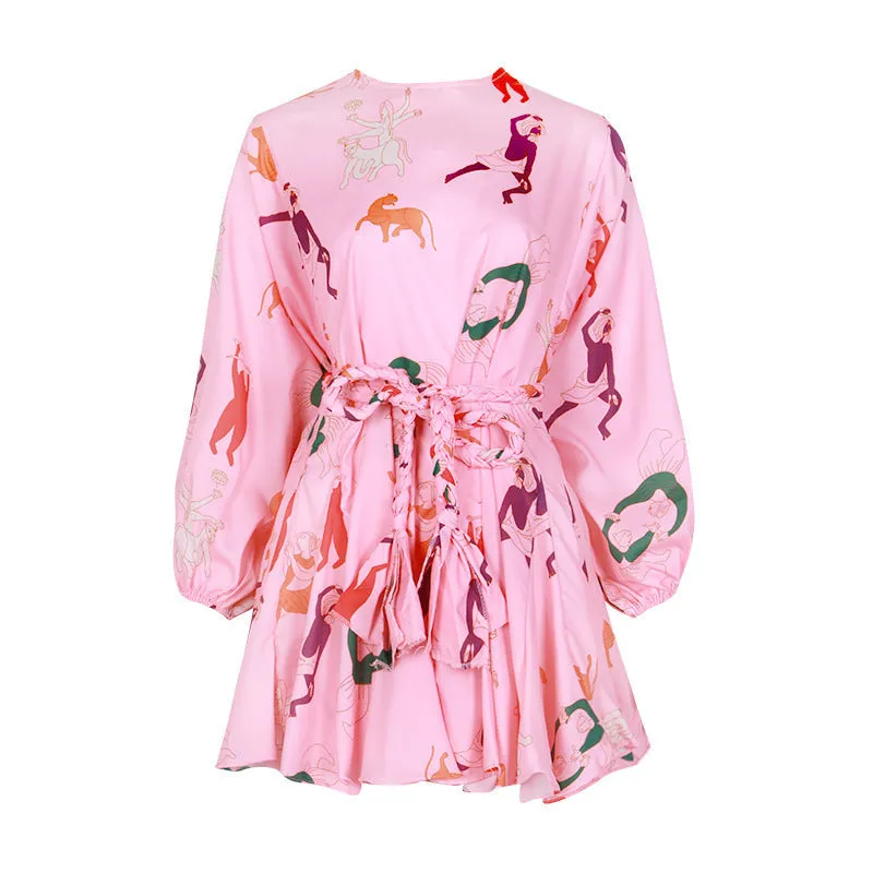 2025 Spot  fashion contrasting colors rainbow A-shaped skirt  new lantern sleeves, thin multi-colored dress women