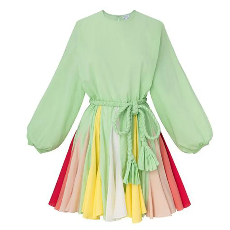 2025 Spot  fashion contrasting colors rainbow A-shaped skirt  new lantern sleeves, thin multi-colored dress women