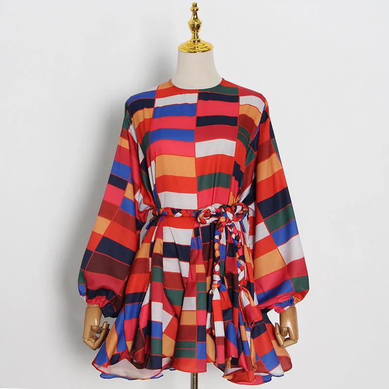 2025 Spot  fashion contrasting colors rainbow A-shaped skirt  new lantern sleeves, thin multi-colored dress women
