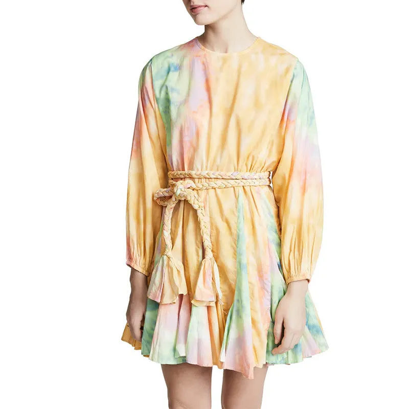 2025 Spot  fashion contrasting colors rainbow A-shaped skirt  new lantern sleeves, thin multi-colored dress women