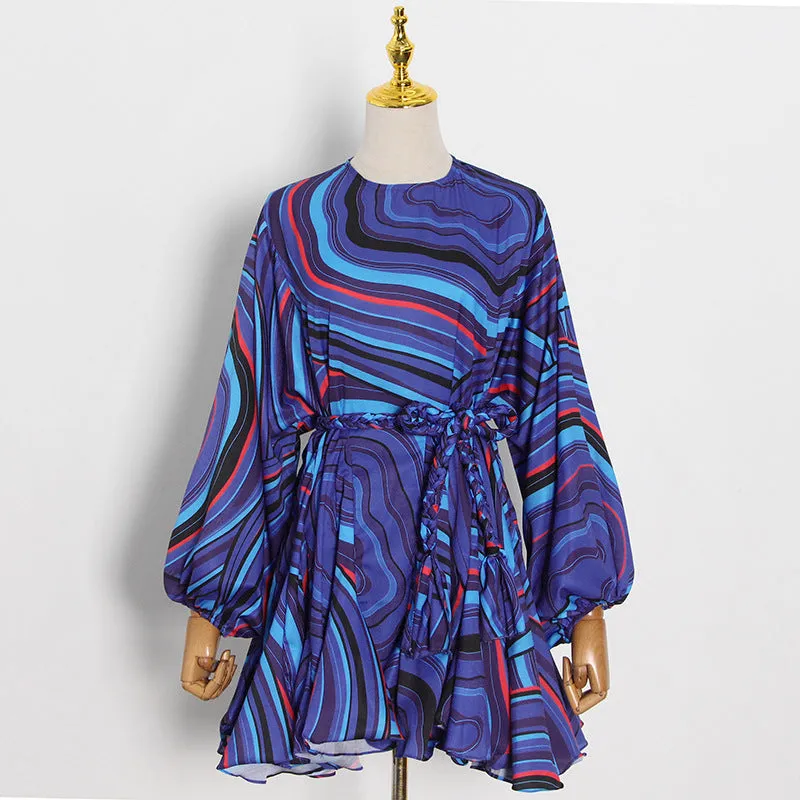 2025 Spot  fashion contrasting colors rainbow A-shaped skirt  new lantern sleeves, thin multi-colored dress women