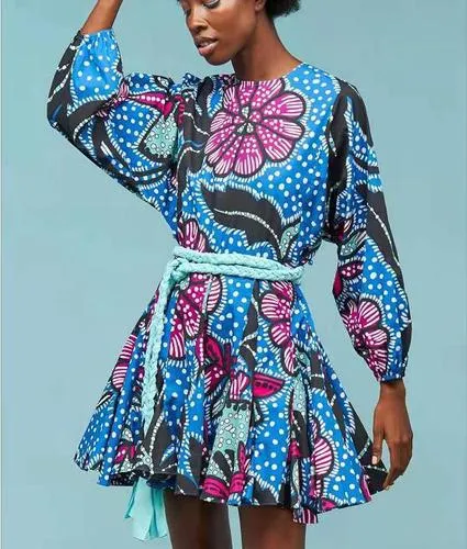 2025 Spot  fashion contrasting colors rainbow A-shaped skirt  new lantern sleeves, thin multi-colored dress women