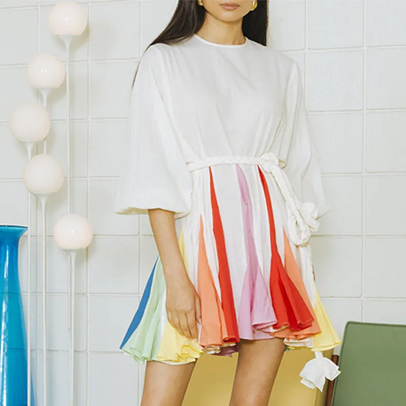 2025 Spot  fashion contrasting colors rainbow A-shaped skirt  new lantern sleeves, thin multi-colored dress women