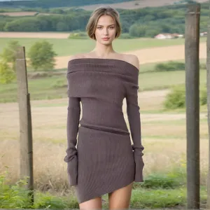 2025 spring and summer new fashion temperament one-word shoulder waist thin high-end long-sleeved short knitted dress women