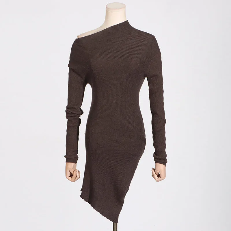 2025 spring and summer new fashion temperament one-word shoulder waist thin high-end long-sleeved short knitted dress women