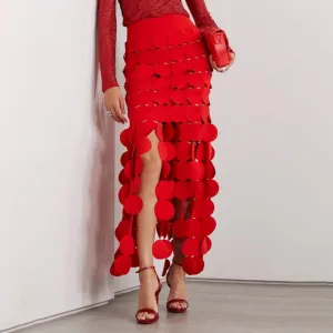 2025 spring new fashion temperament hollow polka dot design sense slim and thin skirt medium and long fringed skirt