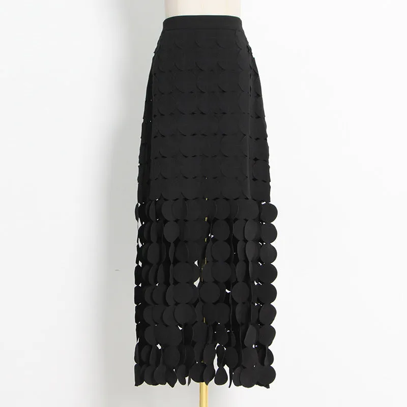 2025 spring new fashion temperament hollow polka dot design sense slim and thin skirt medium and long fringed skirt
