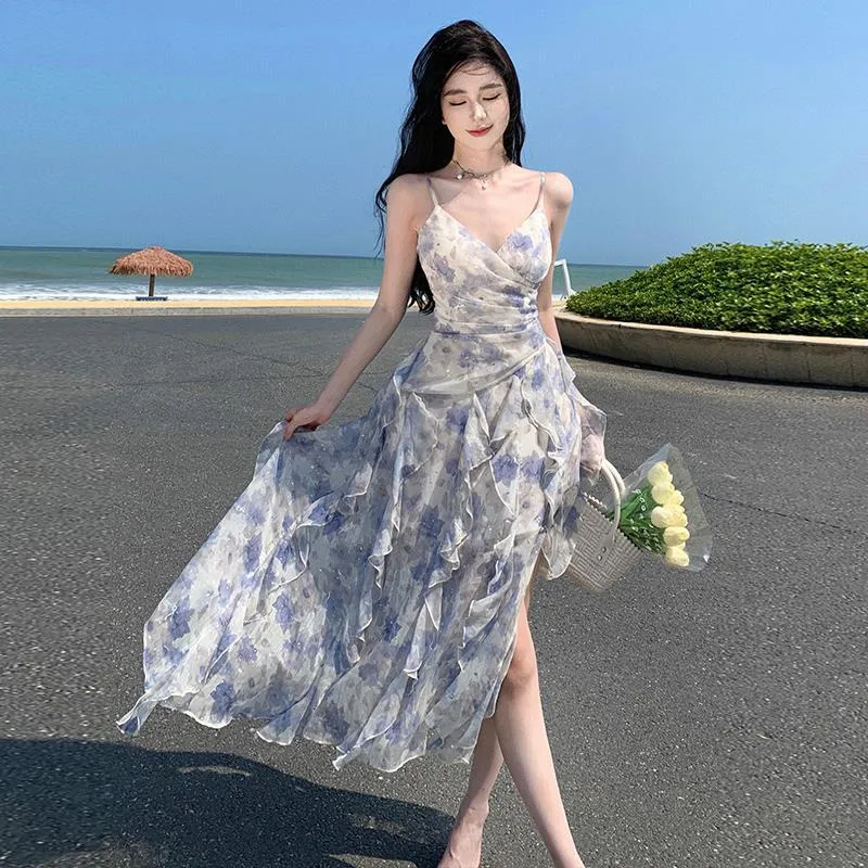 2025 Suspender floral dress children summer waist thin sweet first love coffee break  seaside vacation small man