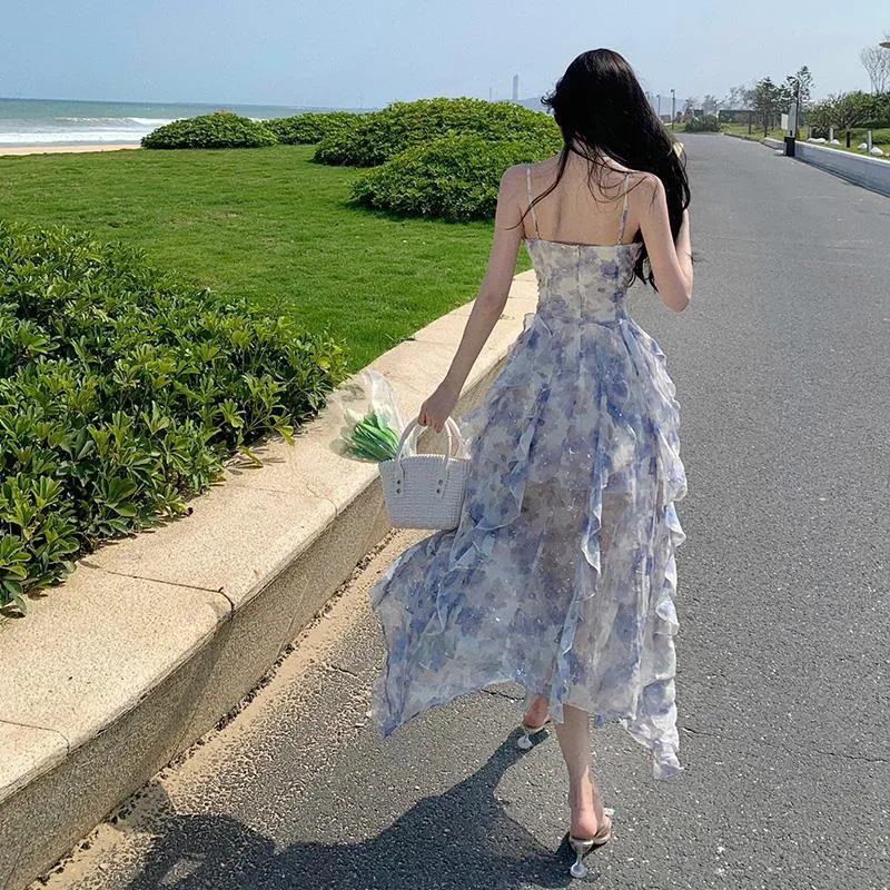 2025 Suspender floral dress children summer waist thin sweet first love coffee break  seaside vacation small man